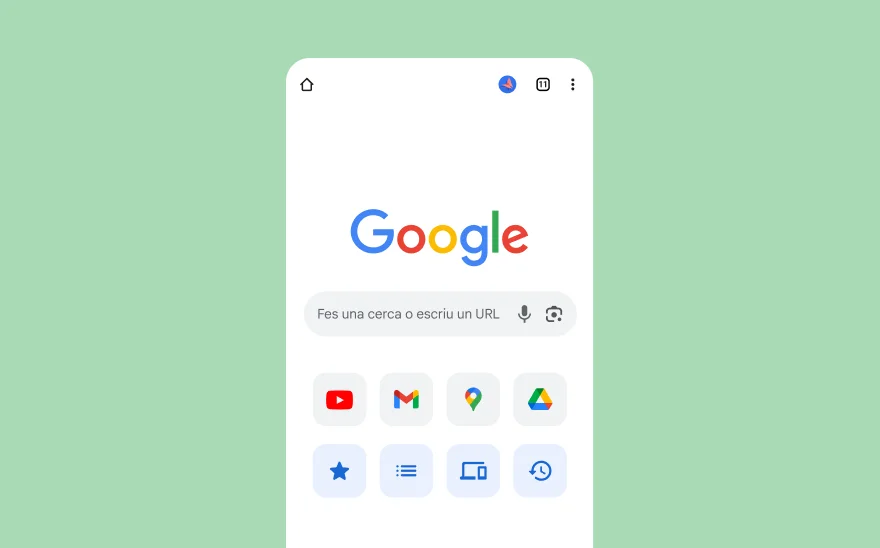 Captura de pantalla de la pàgina de cerca de Google, que inclou les icones de YouTube, Gmail, Google Maps i altres productes de Google.