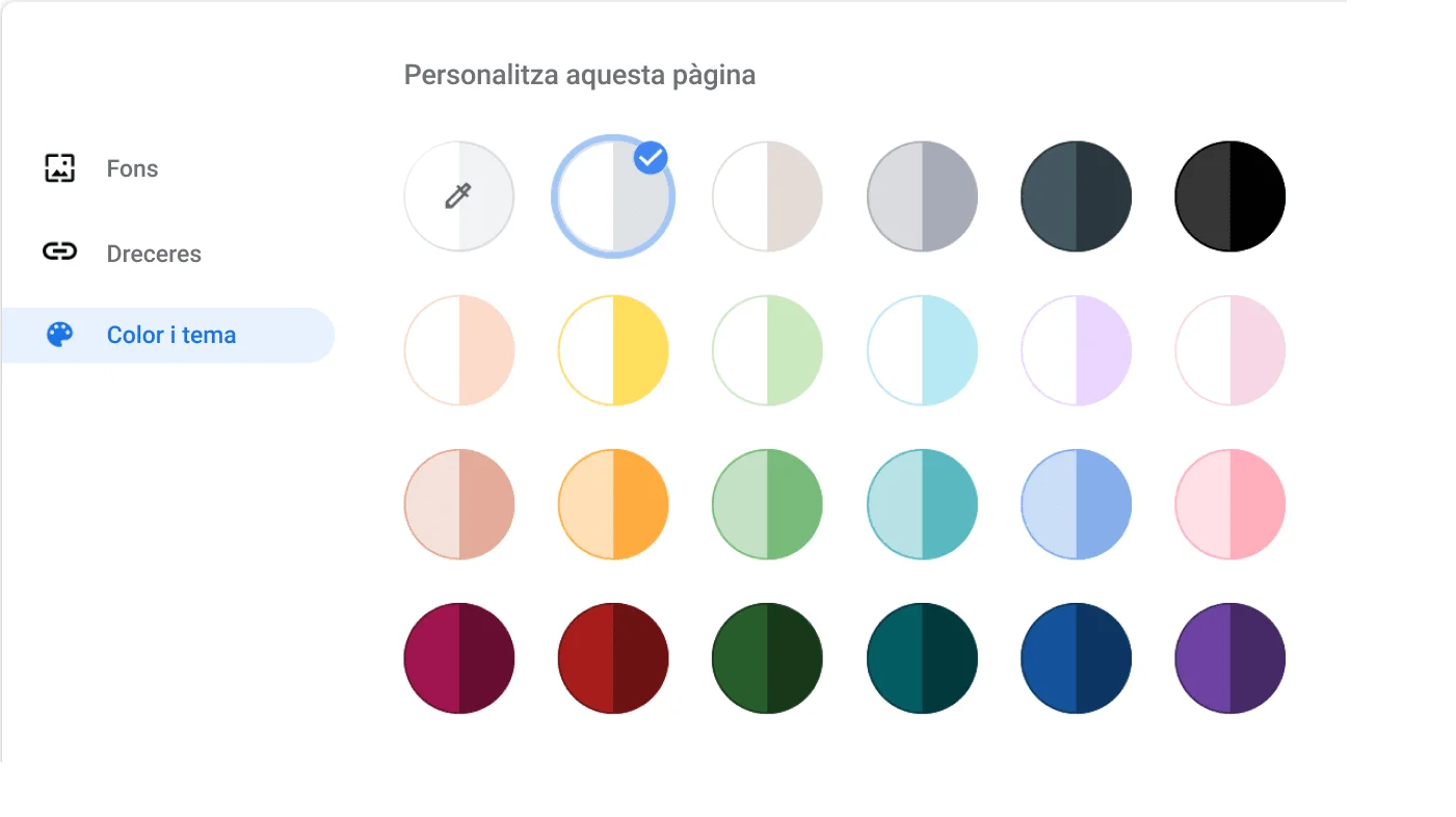 Finestra de la configuració del navegador Chrome que mostra el quadre de diàleg Color i tema.