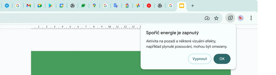 Kurzor klikl na ikonu Spořiče energie, který vysvětluje, že aktivita na pozadí a některé vizuální efekty jsou omezeny, aby se ušetřila paměť.