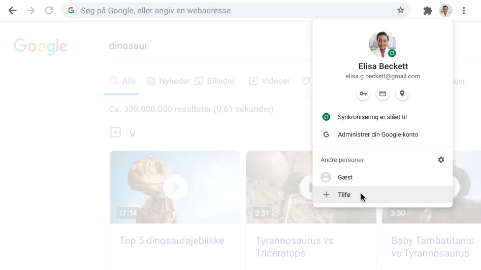Chrome-browservindue med en åben dialogboks for Profil.