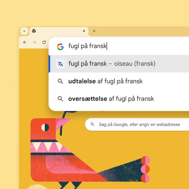 Google-søgesiden med et billede af en fugl og en søgning efter 'Fugl på fransk' med resultatet 'oiseau'