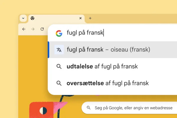 Google-søgesiden med et billede af en fugl og en søgning efter 'Fugl på fransk' med resultatet 'oiseau'