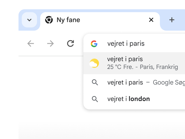 En bruger har indtastet en forespørgsel om vejret i Paris i Chromes adresselinje, og der vises med det samme søgeresultater.
