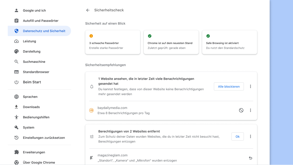 Der Chrome-Sicherheitscheck sucht im Hintergrund nach Datenschutz- und Sicherheitsproblemen und zeigt dann den Sicherheitsstatus und relevante Empfehlungen zur Verbesserung deiner Sicherheit an.