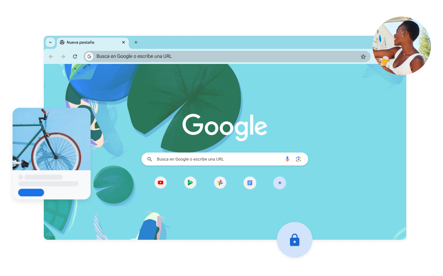 El fondo de la página de Búsqueda de Google tiene una ilustración azul de unos peces en un estanque koi. Hay una foto de una mujer en una esquina.