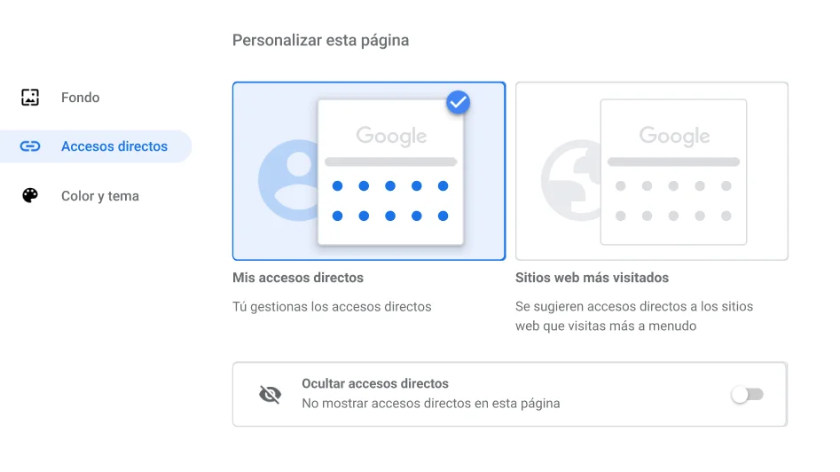 Ventana de configuración del navegador Chrome que muestra el cuadro de diálogo Accesos directos.