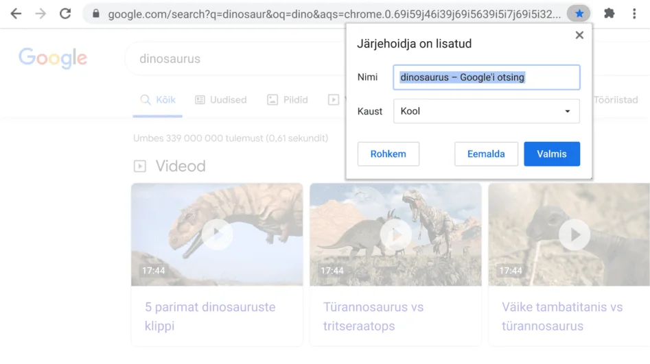 Chrome’i brauseriaken, milles on kuvatud avatud dialoogikast Järjehoidjad.