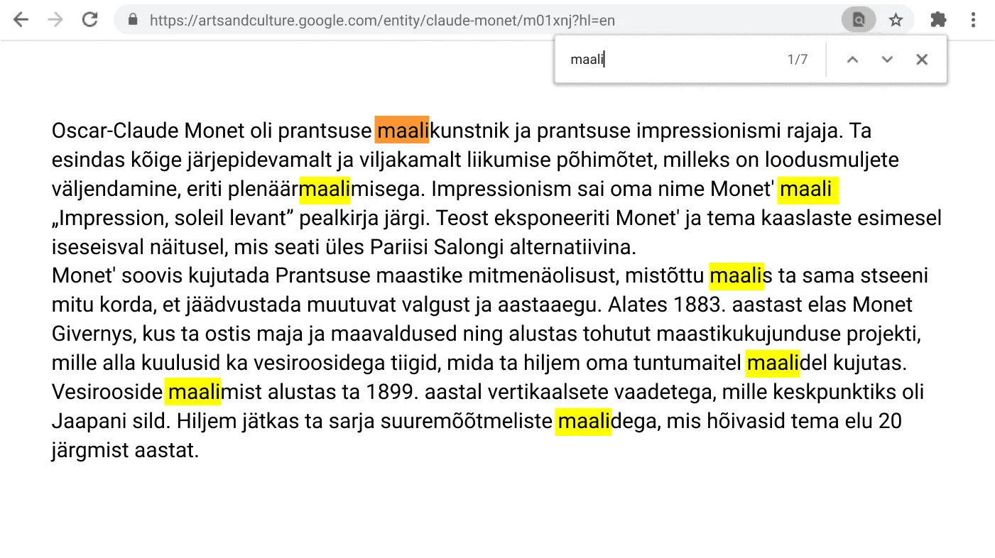 Avatud Chrome’i brauseriaken veebilehega, kus funktsioon Otsimine on aktiivne.
