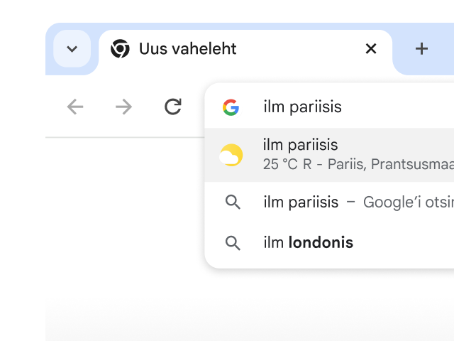Kasutaja sisestas Chrome’i aadressiribale fraasi „weather in Paris“ ja riba genereeris kohe tulemused.