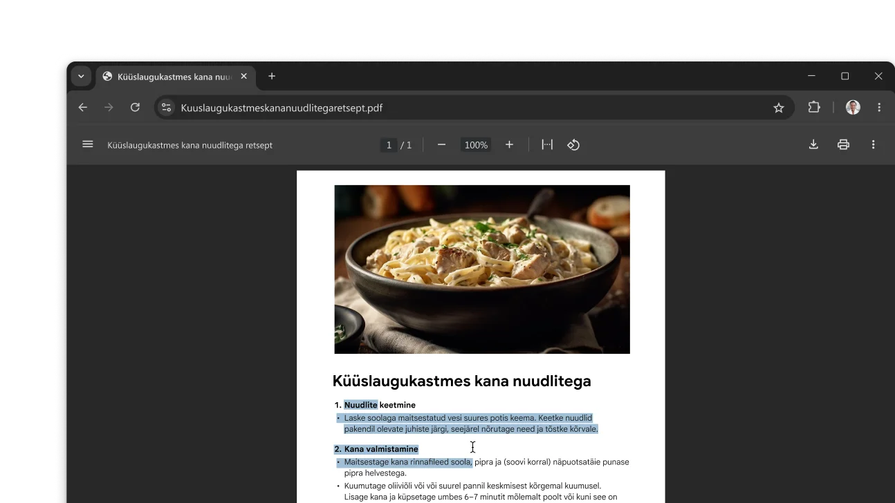 Chrome'i brauseri aknas on avatud PDF-dokument retseptiga. Kasutaja on PDF-is teksti valinud.