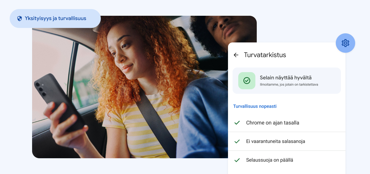 Nainen, joka katselee puhelintaan. Elementeissä lukee “Yksityisyys ja tietoturva“ ja näkyy varoitus vaarantuneista salasanoista.