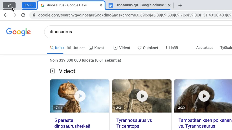 Chrome-selainikkuna, jossa näkyy välilehtiryhmän tiivistäminen.