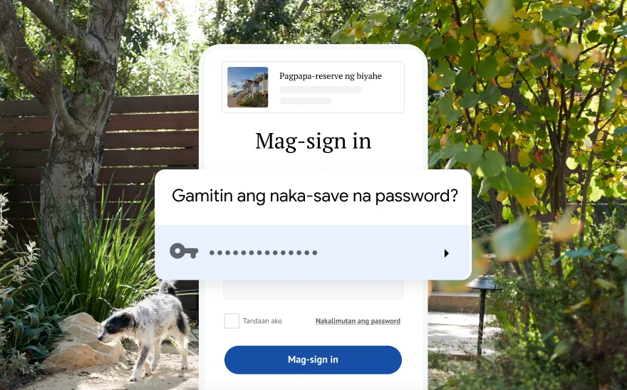 Hinihiling ng page sa pag-sign in para sa pagpapa-reserve ng biyahe na gumamit ng naka-save na password. Isang eksena ng kalikasan ang nasa background.