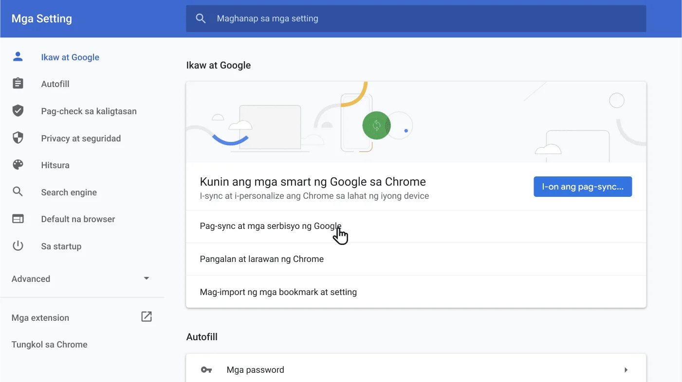 Window ng mga setting ng Chrome browser na nagpapakita ng menu ng mga opsyon ng Ikaw at ang Google.