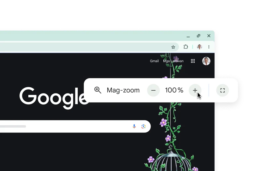 Homepage ng Google at pop-up na may Pag-zoom na nakatakda sa 100%