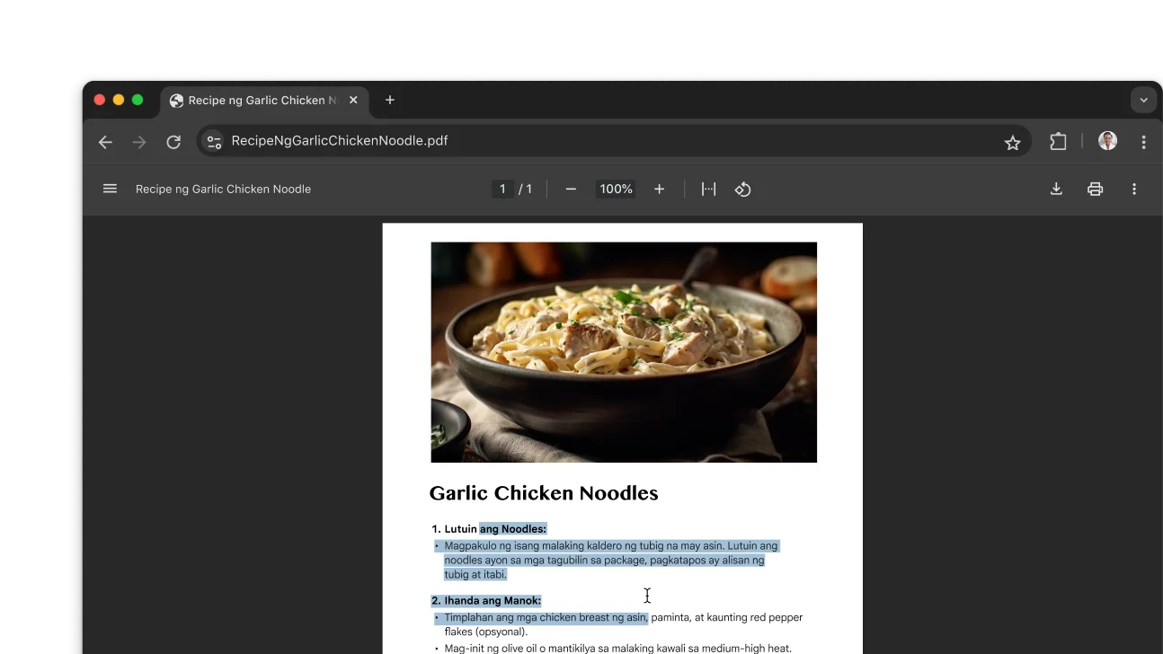 Nakabukas ang PDF na nagtatampok ng recipe sa window ng Chrome browser. Pumili ang user ng text sa PDF.