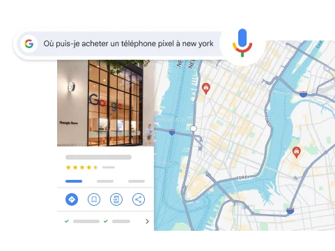 Une recherche vocale pour « Où puis-je acheter un téléphone Pixel à New York » donne comme résultat un magasin Google à New York.