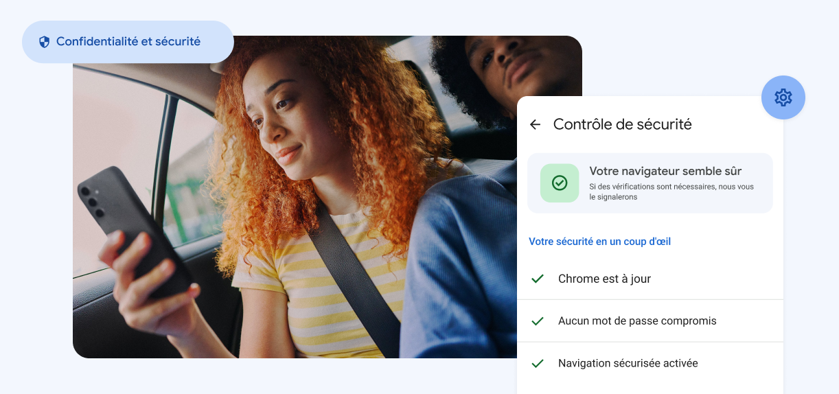 Une femme regarde son téléphone. Les termes “Confidentialité et sécurité“ ainsi qu'une alerte au sujet de mots de passe compromis sont affichés.