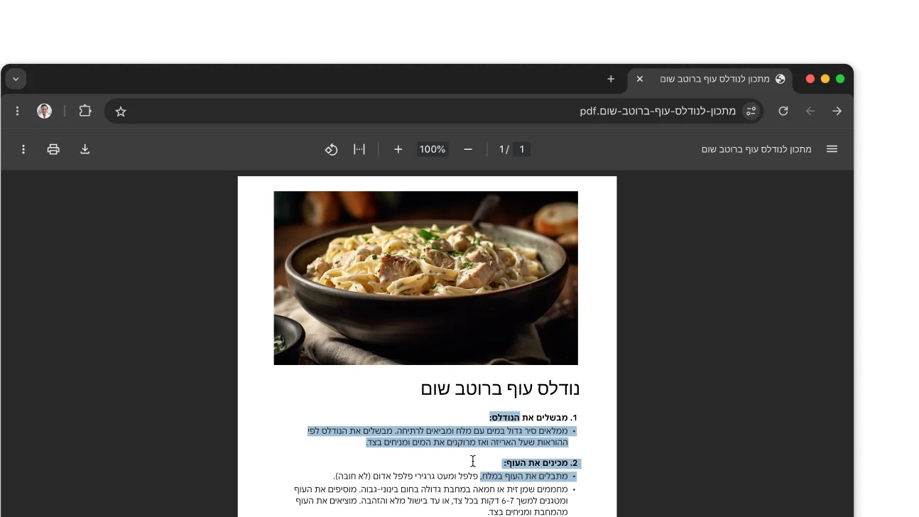 קובץ PDF עם מתכון פתוח בחלון של דפדפן Chrome. המשתמש בחר טקסט בתוך קובץ ה-PDF.
