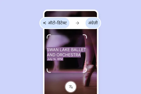 एक वेबसाइट पर, “Swan Lake ballet and Orchestra, July 16, 8pm” टेक्स्ट के अनुवाद की प्रोसेस दिखाई गई है. इसके बैकग्राउंड में पॉइंट वाले बैले शूज़ दिख रहे हैं