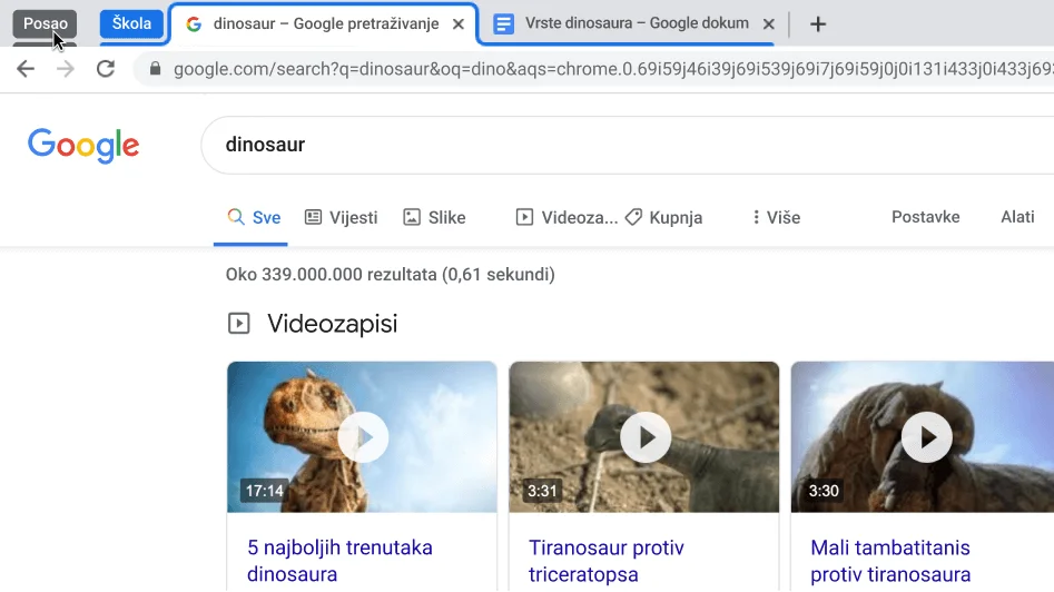 Prozor preglednika Chrome u kojem se prikazuje sažimanje grupe kartica.