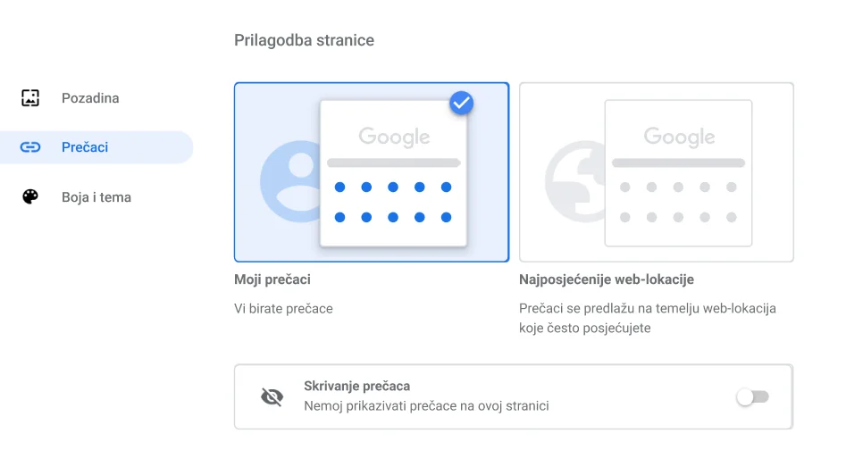 Prozor s postavkama preglednika Chrome u kojem se prikazuje dijalog 