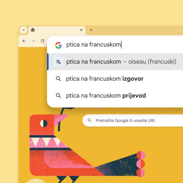 Stranica Google pretraživanja sa slikom ptice i pretraživanjem pojma 'ptica na francuskom' te rezultatom 'oiseau'