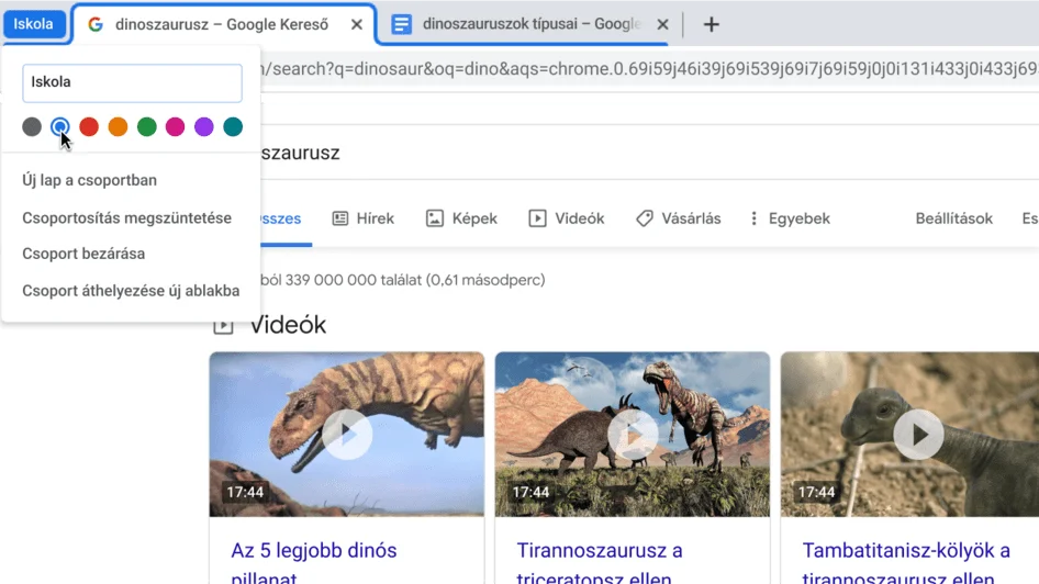 A Chrome-ablakban a lapcsoport elnevezésére vonatkozó párbeszédpanel látható.