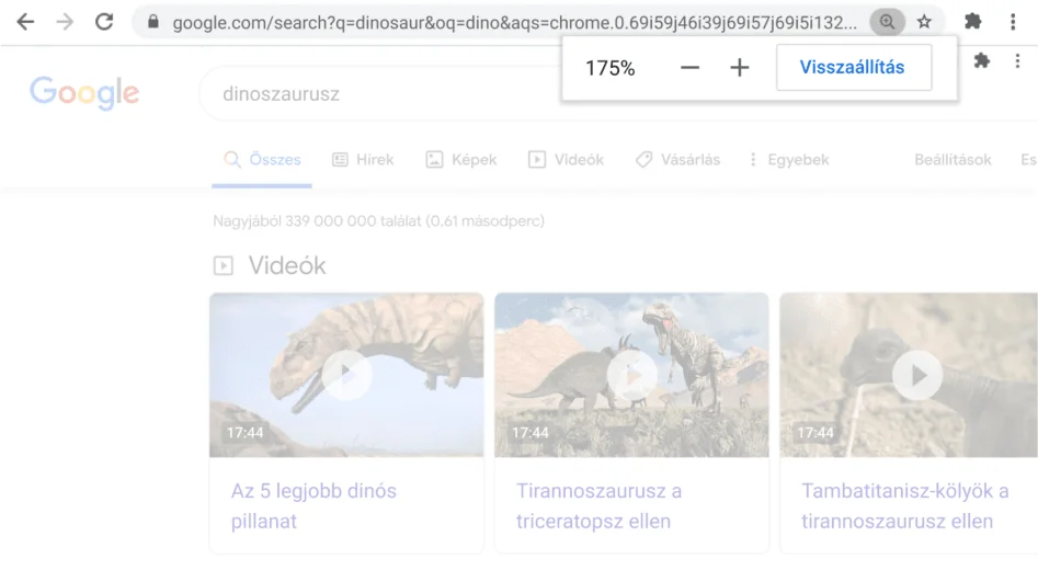 A Chrome-ablakban megnyitott oldalon az aktív Nagyítás funkció látható.