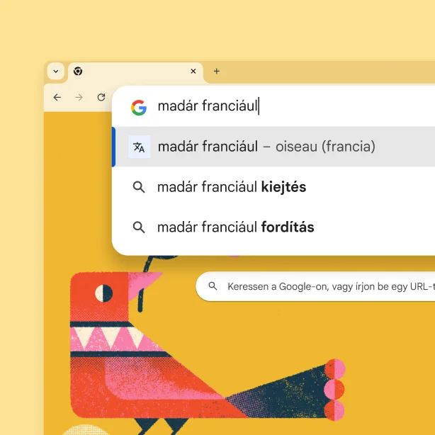 A Google keresési oldala egy madár képével és a „Bird in French” (madár franciául) keresőkifejezéssel, amelynek az eredménye „oiseau”