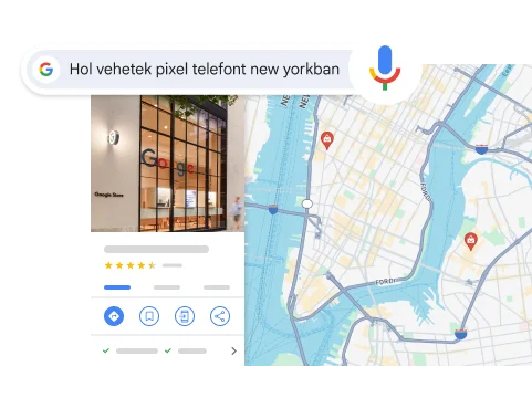 A „Where can I buy a Pixel phone in NYC” (Hol vehetek Pixel telefont New Yorkban) hangalapú keresés megjelenít egy New York-i Google-üzletet.