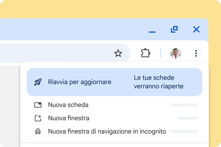 UI di Chrome che avverte della presenza di un aggiornamento in sospeso