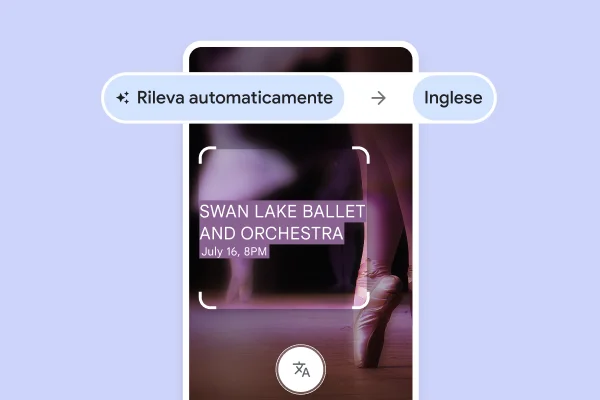 Un sito web con scarpette da danza classica sulle punte con il testo tradotto che dice: 'Il lago dei cigni con orchestra, 16 luglio, 20:00'.