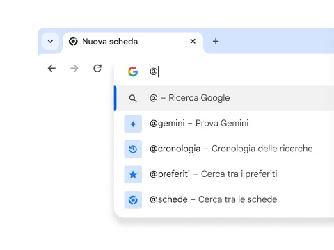 Un menu a discesa con scorciatoie per Gemini, Cronologia, Preferiti e Schede.