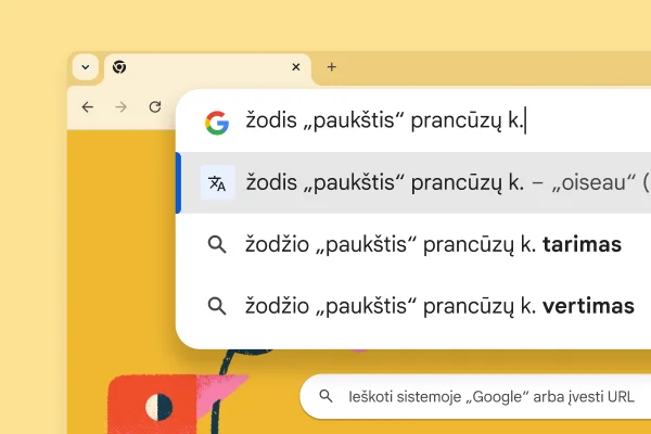 „Google“ paieškos puslapis su paukščio nuotrauka, užklausa „paukštis prancūziškai“ ir rezultatu „oiseau“