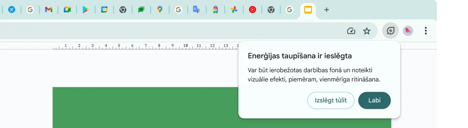 Ar kursoru tika noklikšķināts uz ikonas “Enerģijas taupīšanas režīms”, un tas izskaidro, kāpēc ir ierobežota darbība fonā un daži vizuālie efekti, lai taupītu atmiņu.