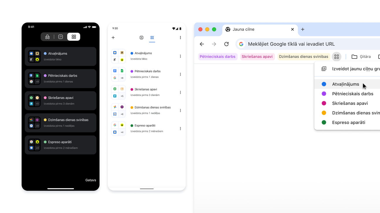 Ciļņu grupas iOS ierīcēs, Android ierīcēs un datoros