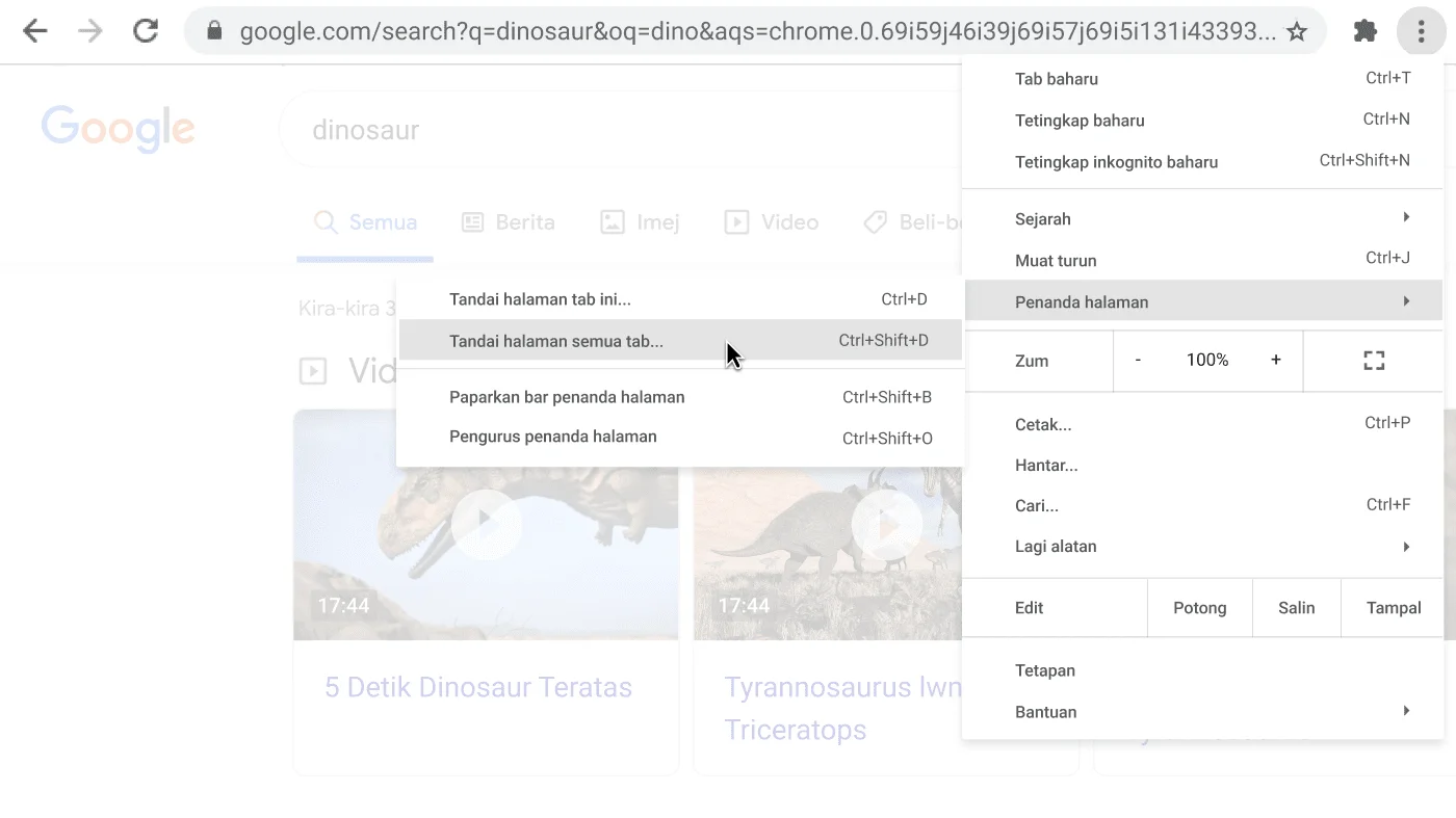 Tetingkap penyemak imbas Chrome dengan kotak dialog yang memaparkan pilihan Tandai halaman semula tab.
