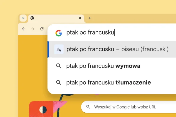 Strona wyszukiwania Google ze zdjęciem ptaka i hasłem „Ptak po francusku” z wynikiem „oiseau”.