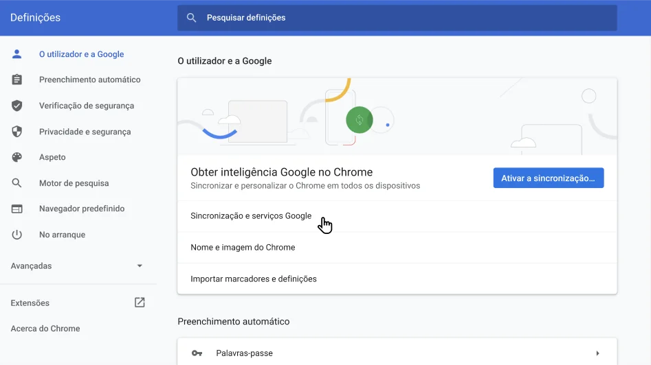 Janela das definições do navegador Chrome a mostrar o menu de opções O utilizador e a Google.