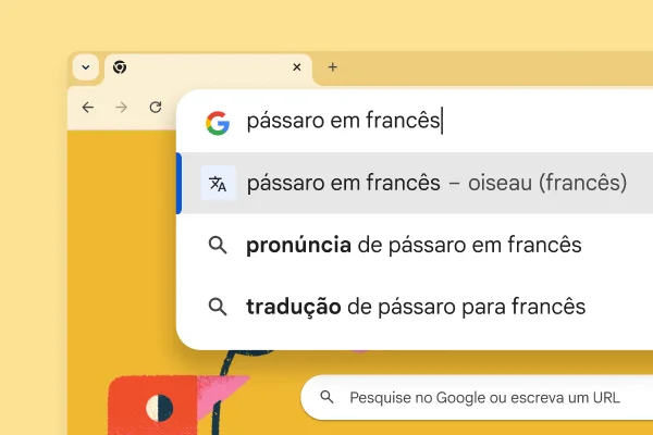 A página da Pesquisa Google com uma imagem de um pássaro e uma pesquisa por 'pássaro em francês' com o resultado 'oiseau'