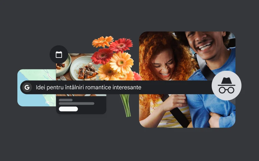 Bară de căutare cu textul „Idei pentru întâlniri romantice interesante” cu flori, un preparat, o hartă și un cuplu care râde.