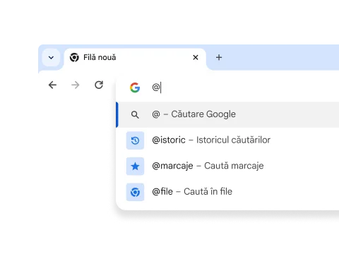 Meniu drop-down cu comenzi rapide pentru Istoric, Marcaje și File.