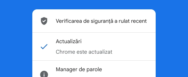 O alertă indică faptul că verificarea de siguranță din Chrome s-a finalizat și că browserul este actualizat.