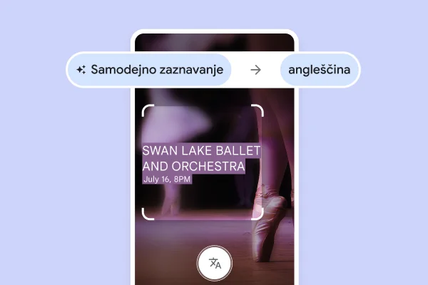 Spletno mesto z baletnimi copati in prevedenim besedilom, ki pravi »Swan Lake ballet and Orchestra, July 16, 8pm« (Labodje jezero – balet in orkester, 16. julij ob 20h)