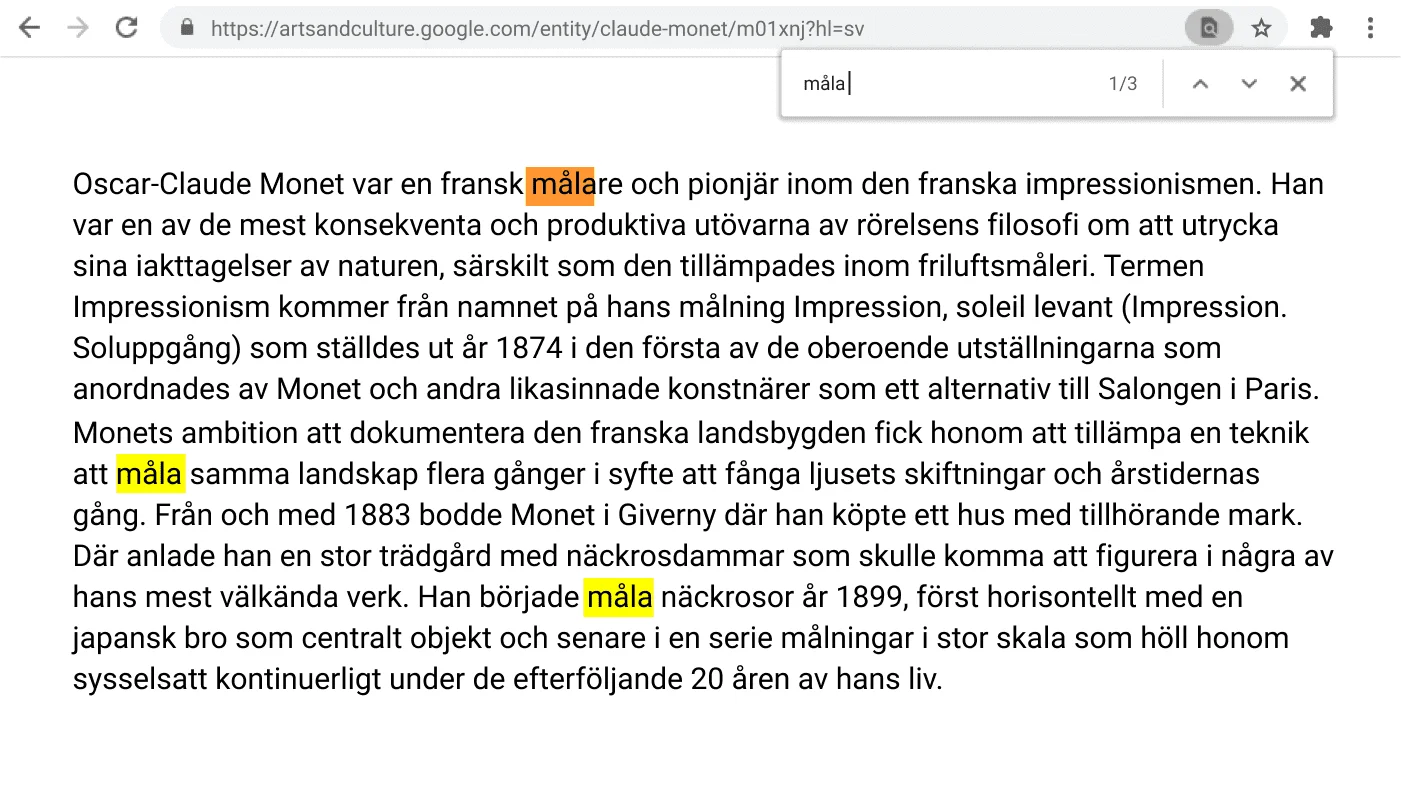 Ett webbläsarfönster i Chrome med en öppen webbsida där funktionen Hitta har aktiverats.