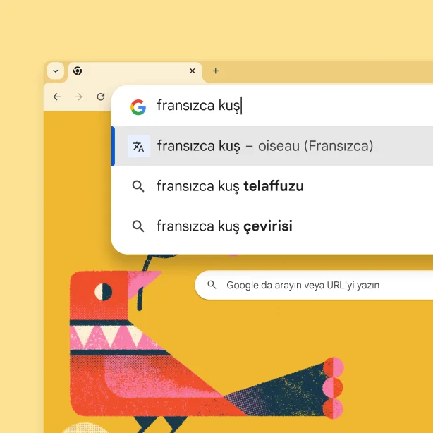 Google arama sayfasında bir kuş resmi, 'Bird in French' (Fransızca kuş) araması ve 'oiseau' sonucu gösteriliyor.