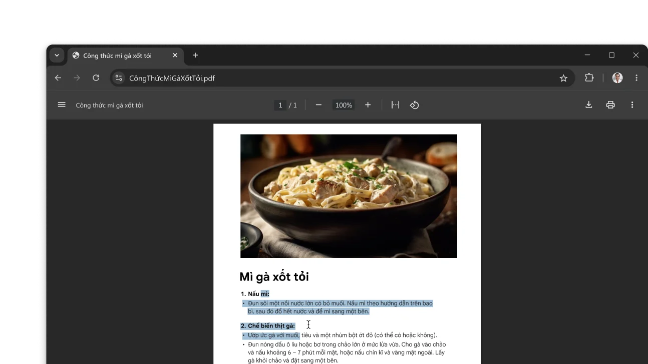 Một tệp PDF có công thức nấu ăn đang mở trong cửa sổ trình duyệt Chrome. Người dùng đã chọn văn bản trong tệp PDF.