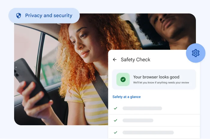 A woman looks at her phone. Elements say 'Privacy and security' with an alert about compromised passwords.