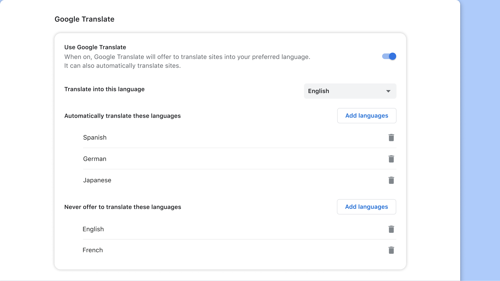 Google Translate setting page in Chrome